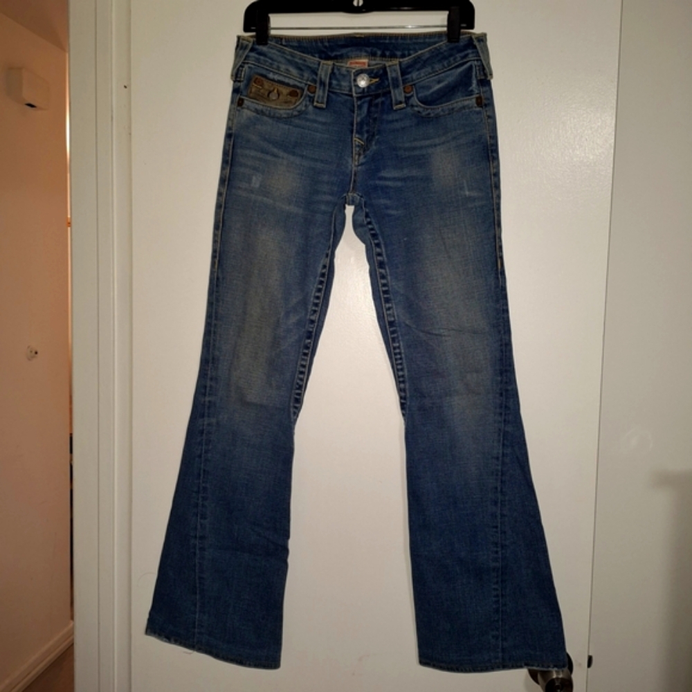 True Religion Sz 28 Flare Jeans Leather Pocket Details Medium Wash